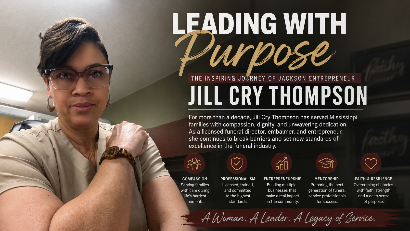 Portrait feature graphic highlighting Jackson, Mississippi entrepreneur Jill Cry Thompson and her work in funeral service and community care.
