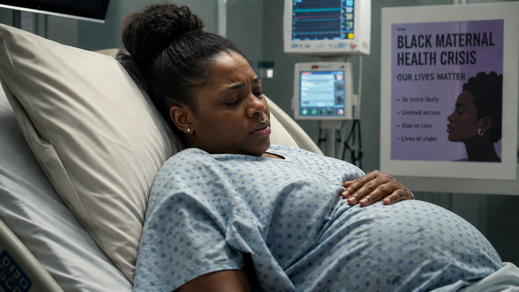 African American pregnant woman in hospital highlighting maternal mortality crisis in high-risk US states