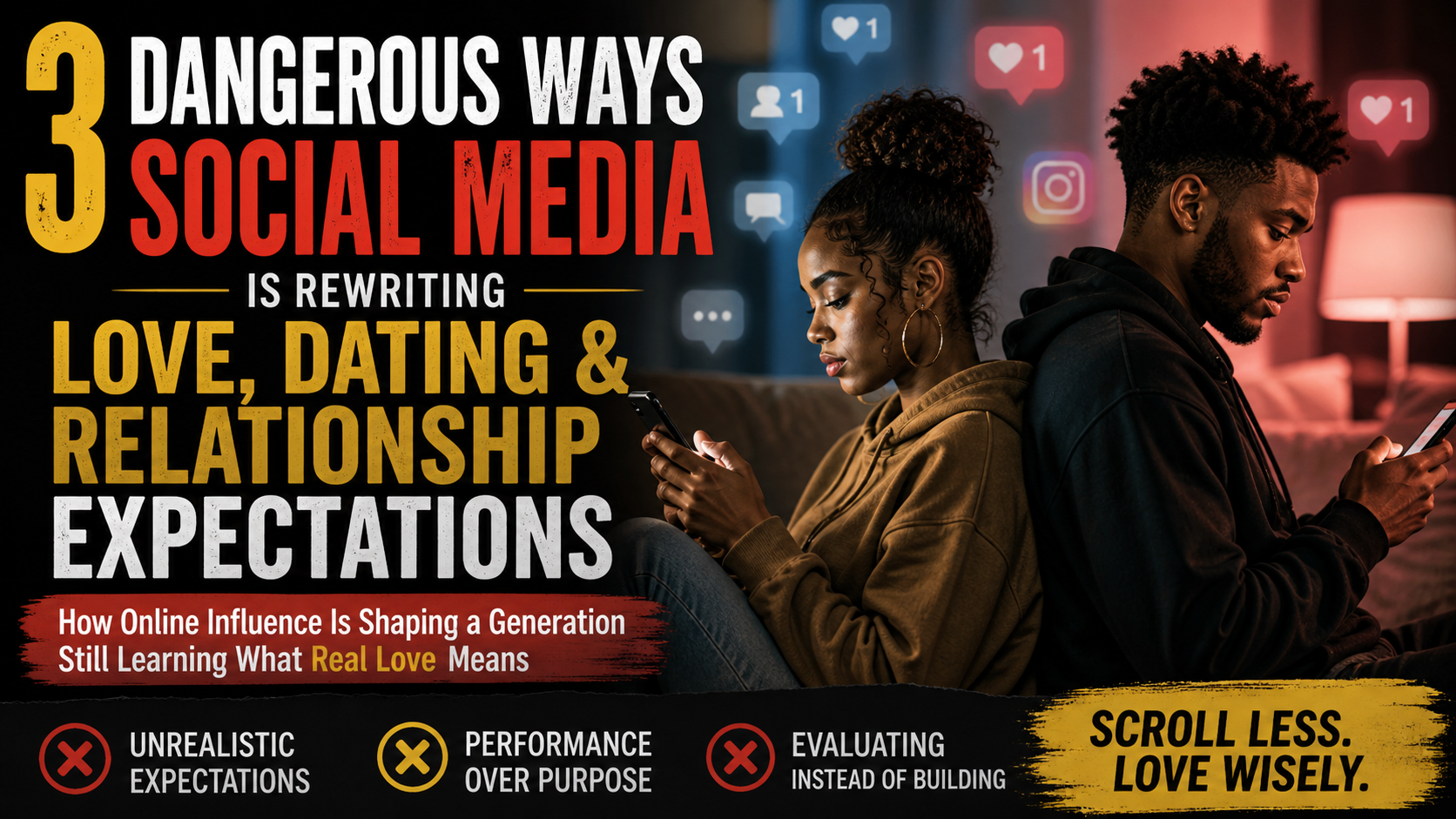 Young couple sitting apart on phones, symbolizing how social media influences modern love, dating expectations, and emotional disconnection among teenagers and young adults