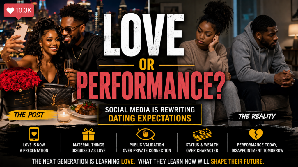 African American couple posing for a perfect social media photo contrasted with a disconnected real-life moment, highlighting the difference between performative love and authentic relationships