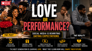 African American couple posing for a perfect social media photo contrasted with a disconnected real-life moment, highlighting the difference between performative love and authentic relationships