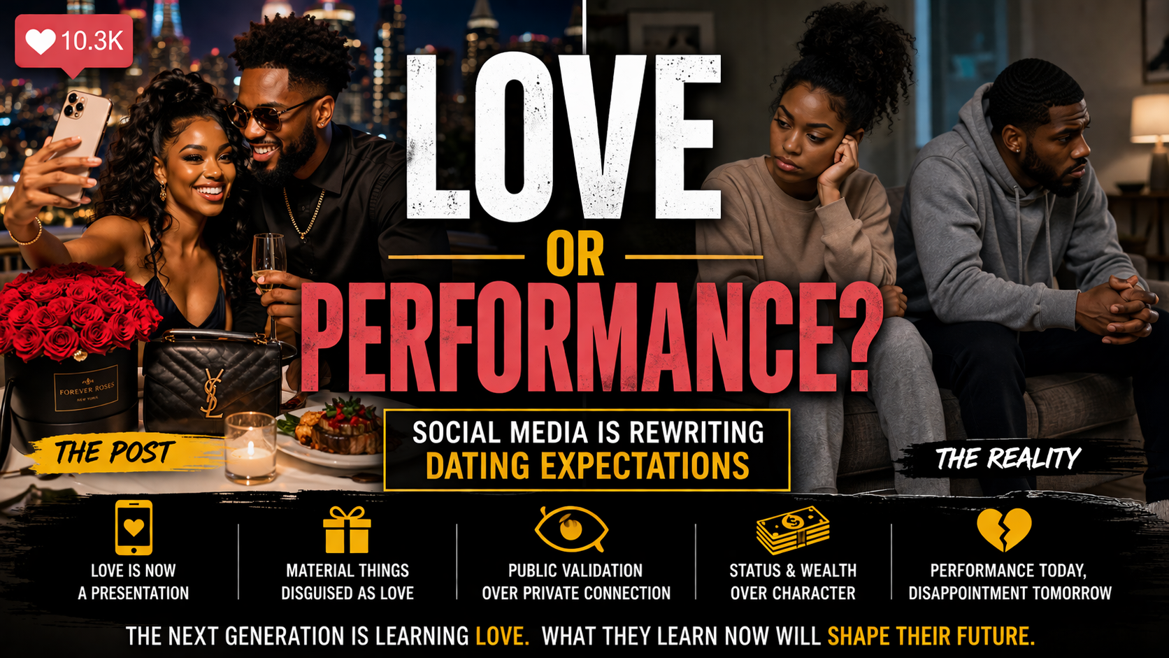 African American couple posing for a perfect social media photo contrasted with a disconnected real-life moment, highlighting the difference between performative love and authentic relationships