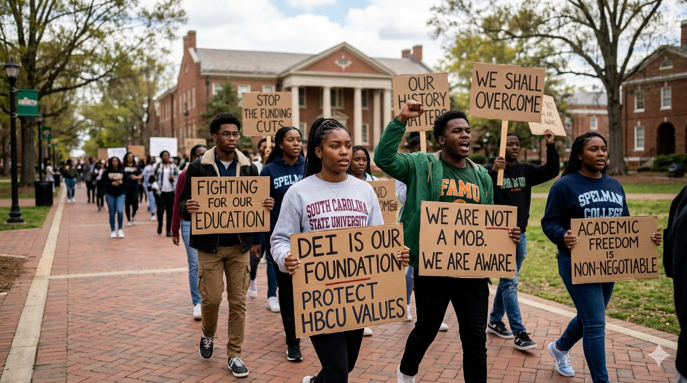 HBCU students protesting anti-DEI legislation outside a university administration building during a peaceful campus demonstration.