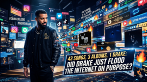 Drake standing in a dark studio surrounded by floating album artwork and social media reactions representing his surprise triple album release.