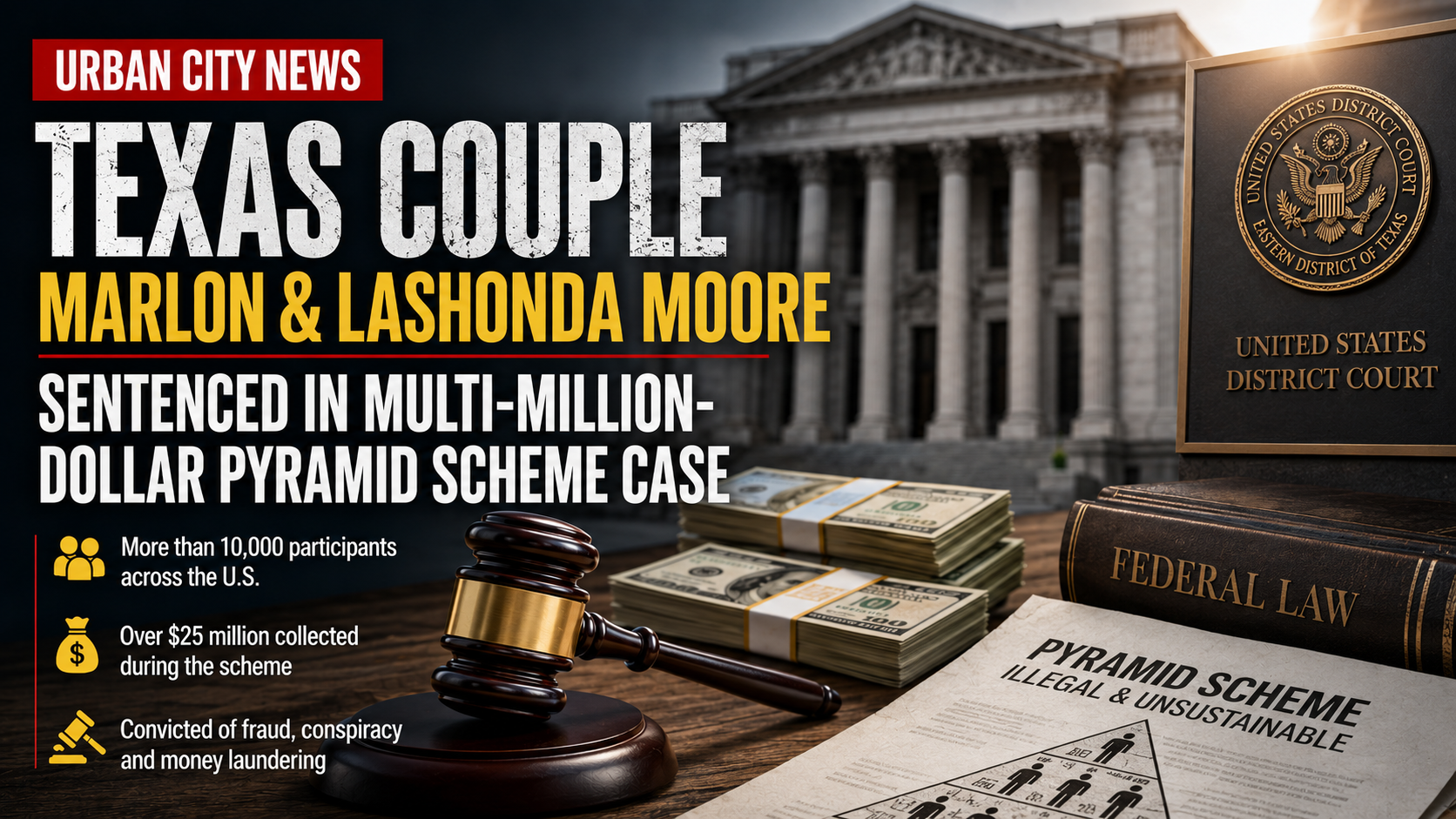 Federal courthouse, judge's gavel, cash stacks, and legal documents representing the federal fraud case involving the Blessings in No Time pyramid scheme in Texas.