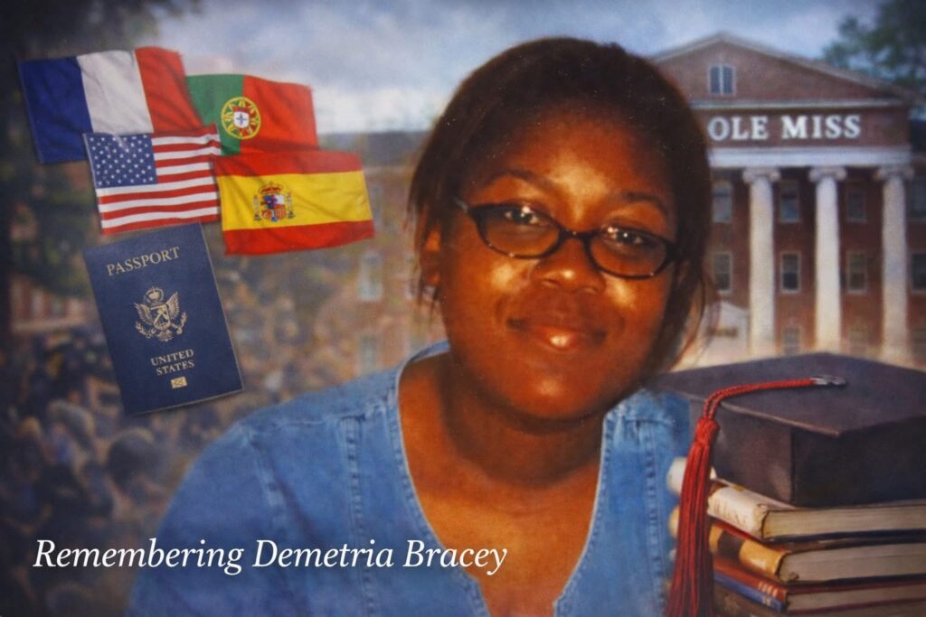 Memorial-style image representing domestic violence awareness, mental health struggles, and the tragic loss of University of Mississippi student Demetria Bracey.