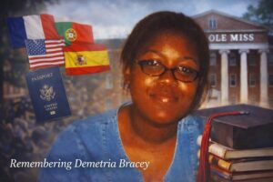 Memorial-style image representing domestic violence awareness, mental health struggles, and the tragic loss of University of Mississippi student Demetria Bracey.
