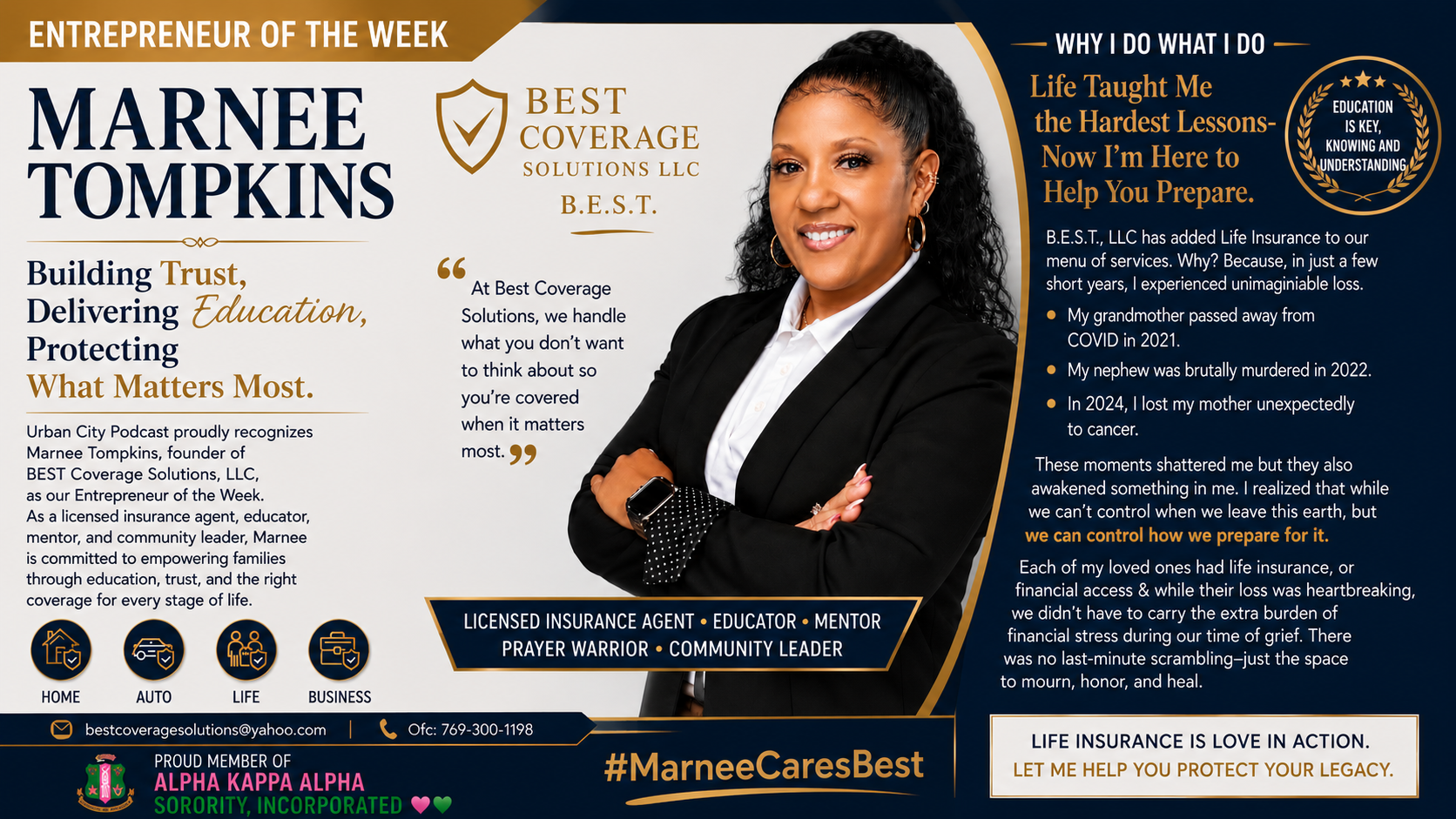 Marnee Thompkins, founder of BEST Coverage Solutions, LLC, educating clients about insurance coverage and promoting trust, financial literacy, and community leadership as Urban City Podcast's Entrepreneur of the Week.