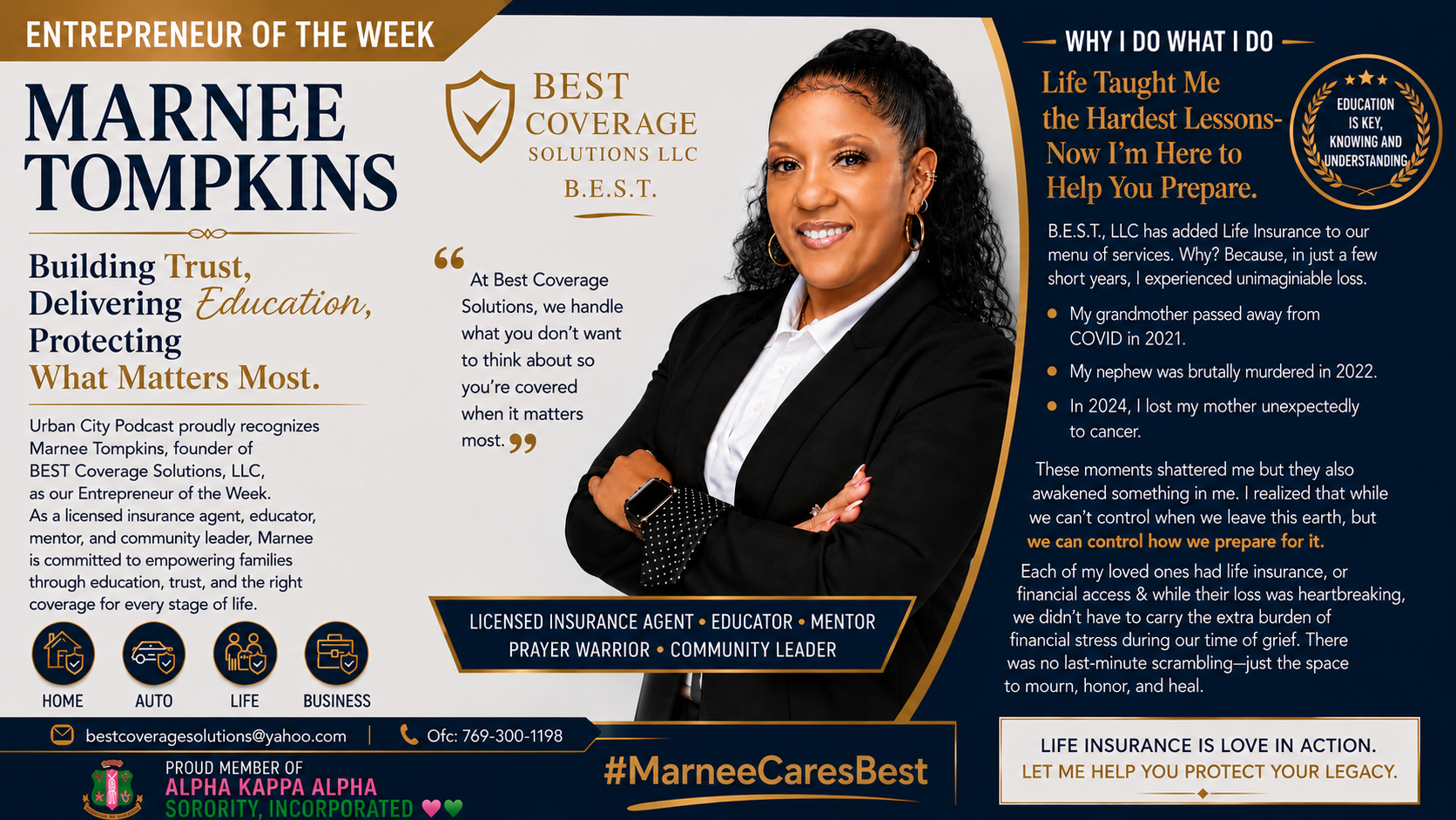 Marnee Thompkins, founder of BEST Coverage Solutions, LLC, educating clients about insurance coverage and promoting trust, financial literacy, and community leadership as Urban City Podcast's Entrepreneur of the Week.