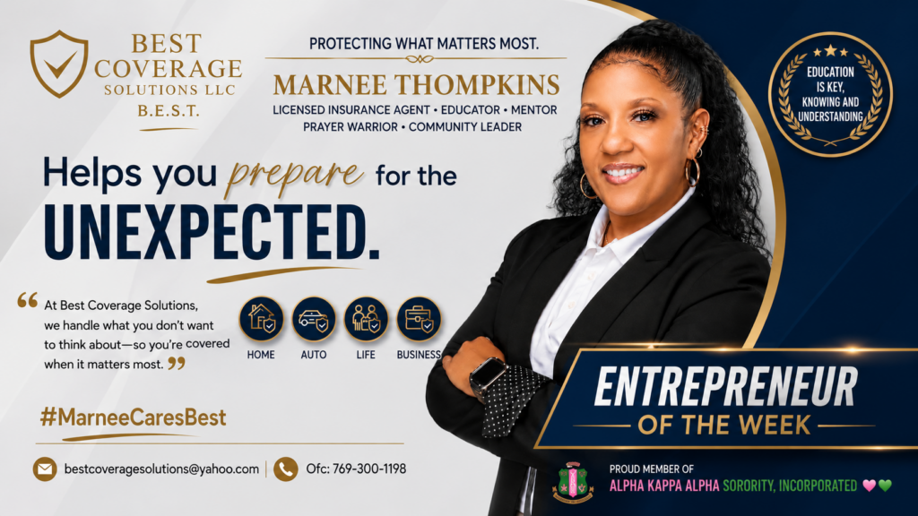 Marnee Thompkins, founder of BEST Coverage Solutions, LLC, educating clients about insurance coverage and promoting trust, financial literacy, and community leadership as Urban City Podcast's Entrepreneur of the Week.