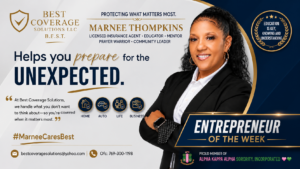 Marnee Thompkins, founder of BEST Coverage Solutions, LLC, educating clients about insurance coverage and promoting trust, financial literacy, and community leadership as Urban City Podcast's Entrepreneur of the Week.