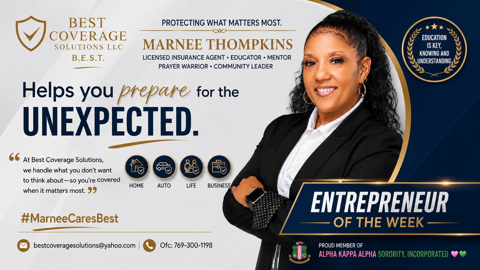 Marnee Thompkins, founder of BEST Coverage Solutions, LLC, educating clients about insurance coverage and promoting trust, financial literacy, and community leadership as Urban City Podcast's Entrepreneur of the Week.