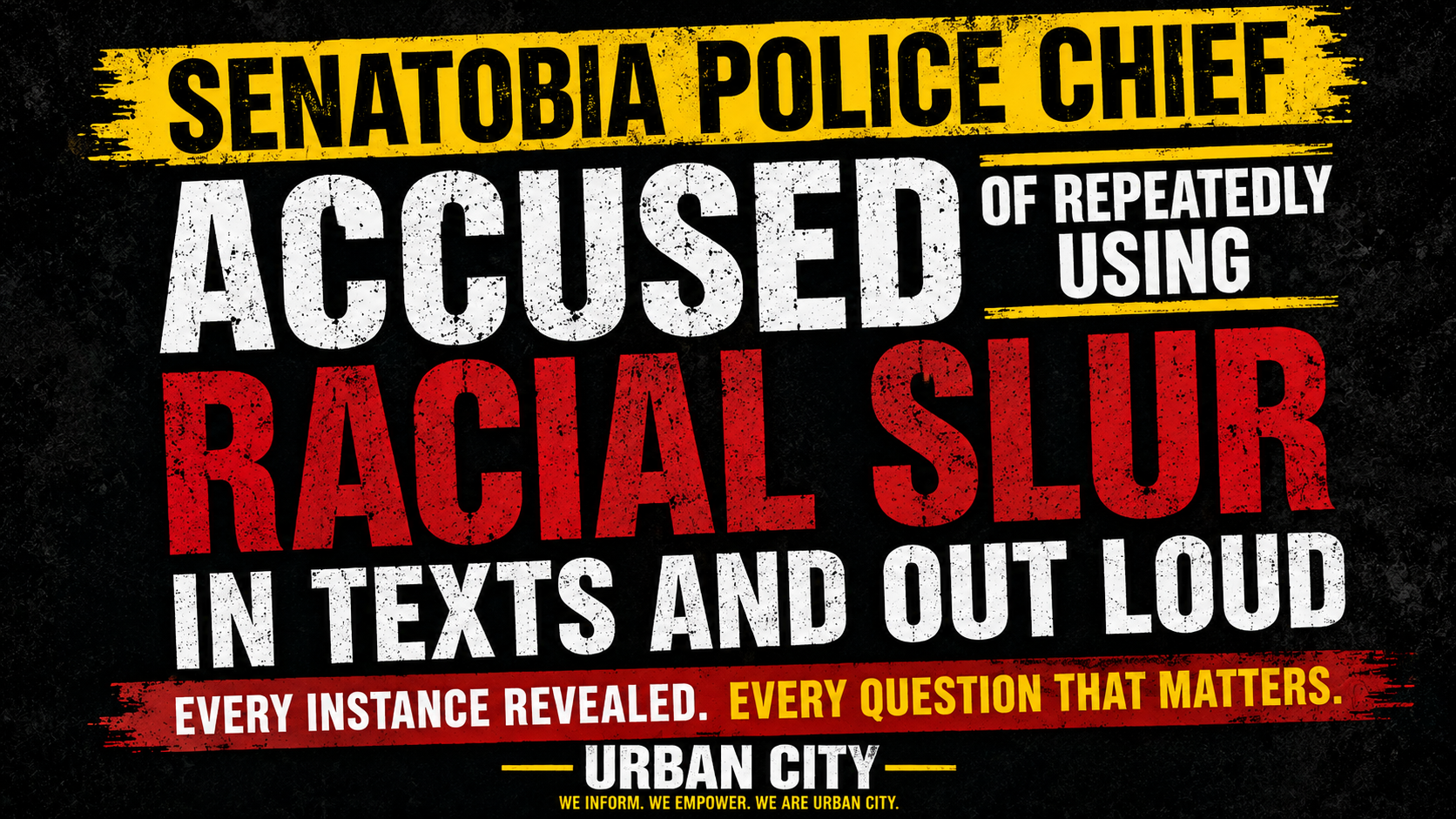 Senatobia Police Chief Harold Vanderford pictured alongside alleged text messages containing racial slur references and a Senatobia Mississippi backdrop.