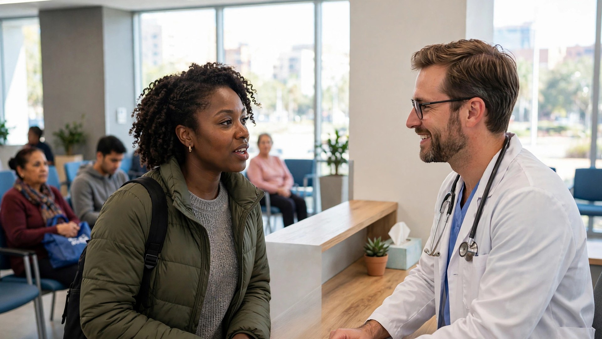 Black woman speaking with a doctor at a community clinic desk