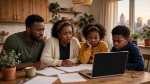 Black family reviewing health insurance papers at a kitchen table