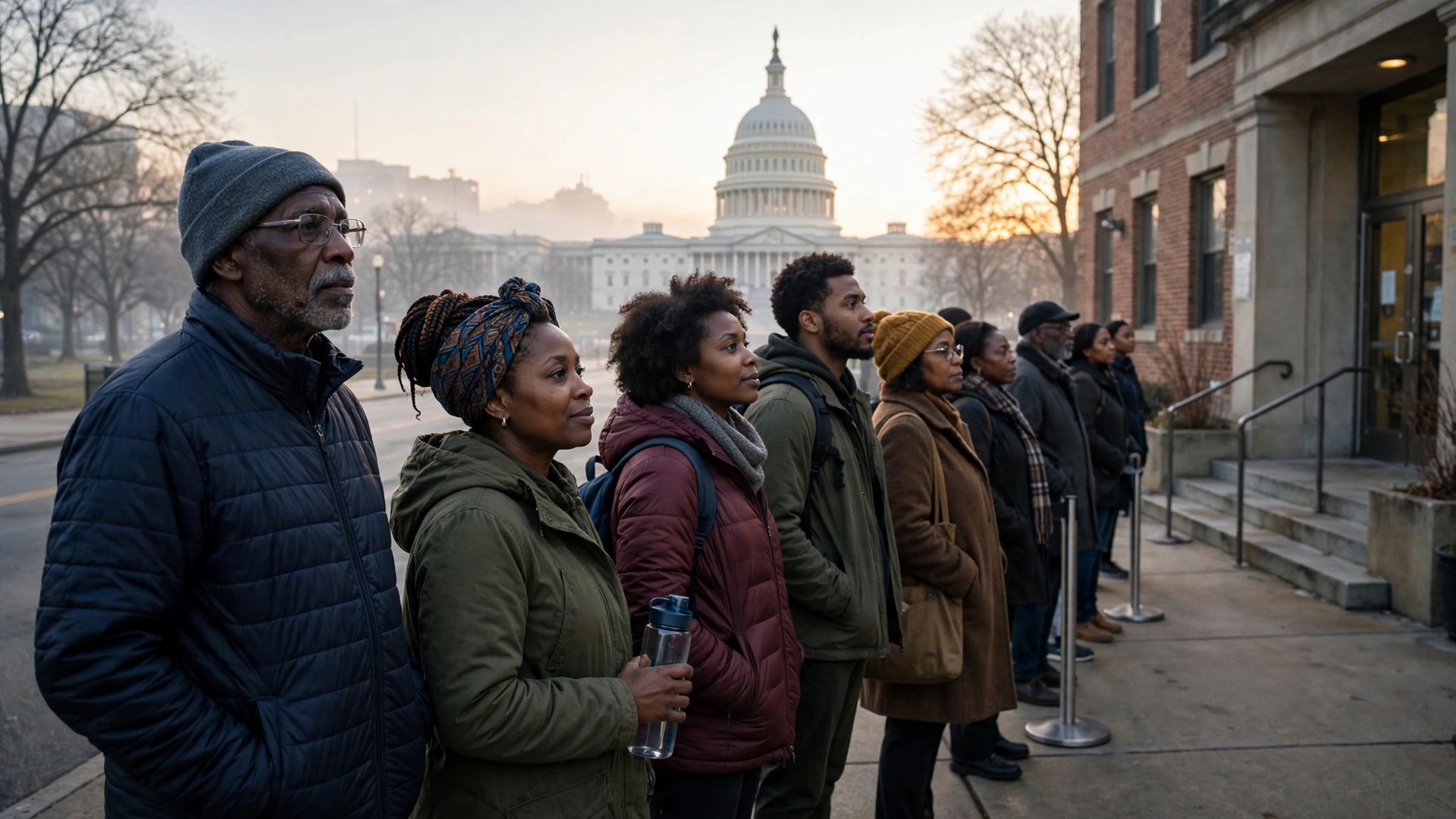 Black voters waiting in line outside a polling place at dawn