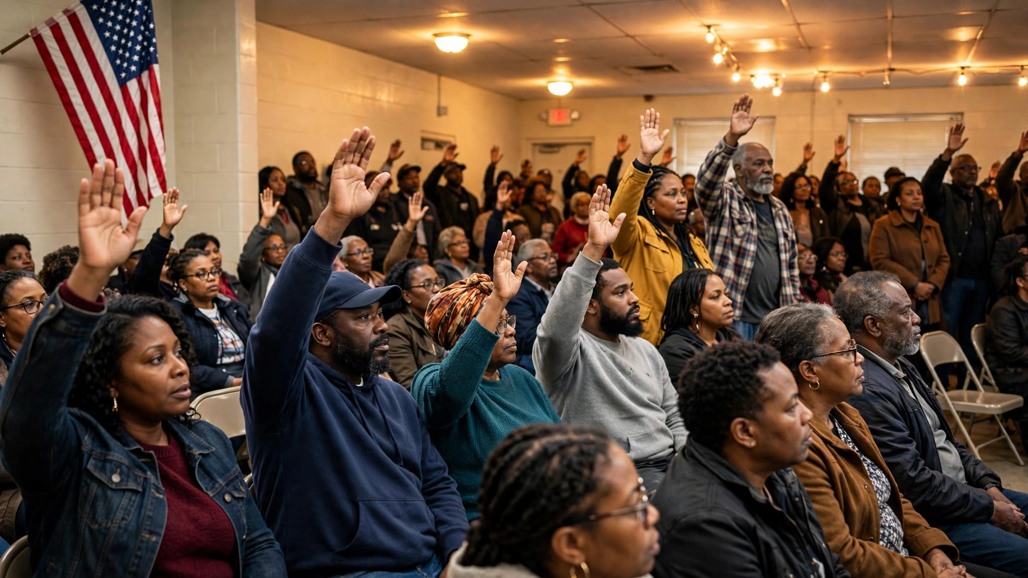 Black community members raise their hands at a packed town hall meeting in Memphis