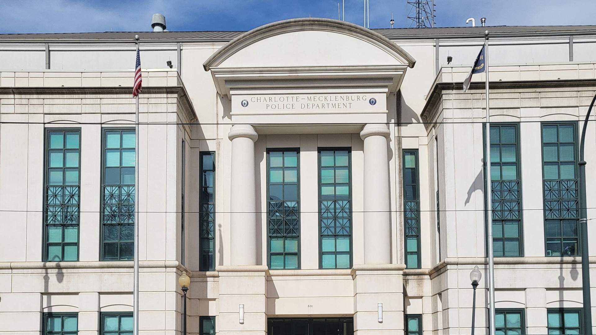 The entrance of Charlotte Mecklenburg Police Department headquarters in Charlotte