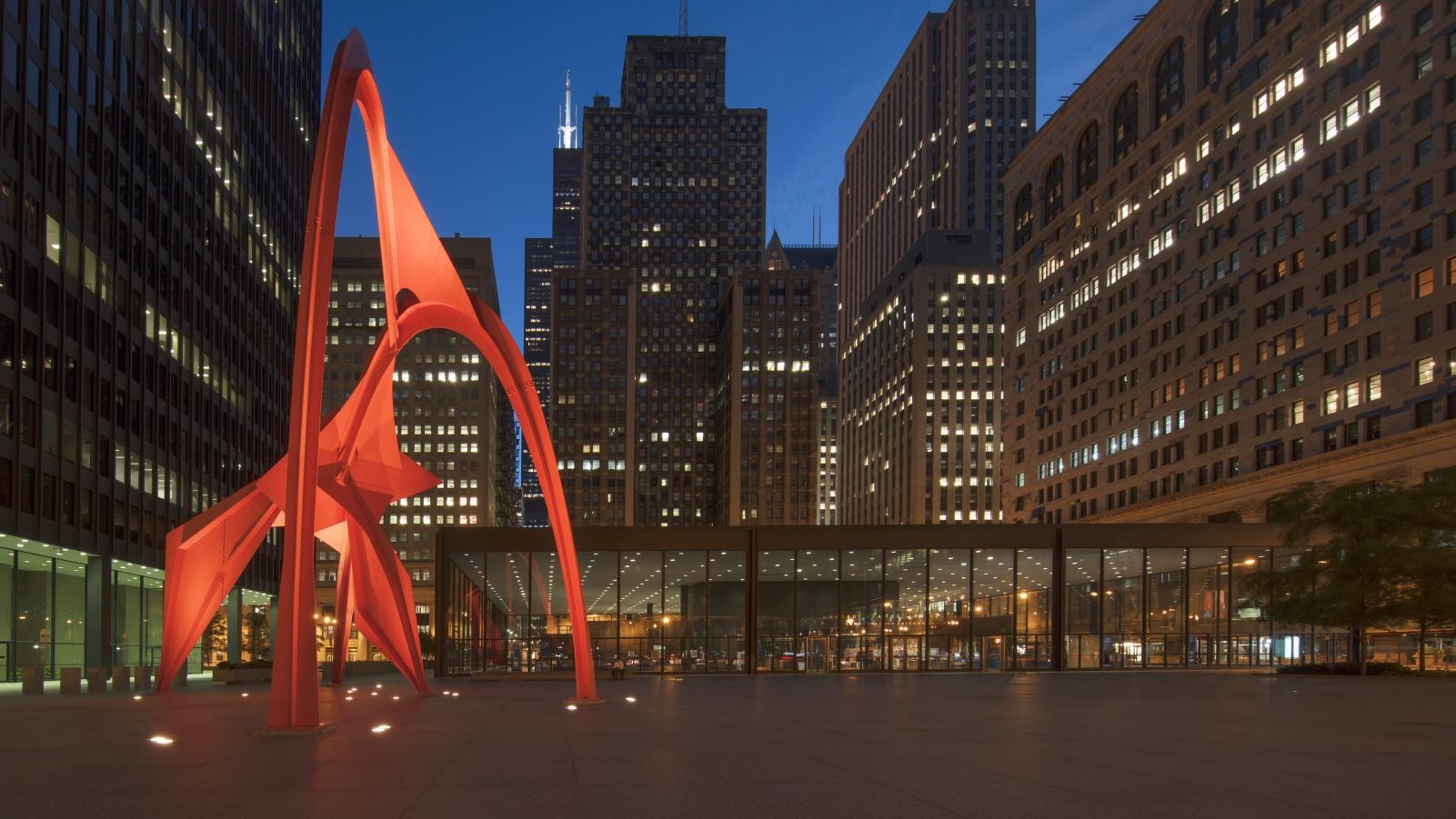 The Chicago Federal Center and the Kluczynski Federal Building at night in the Loop