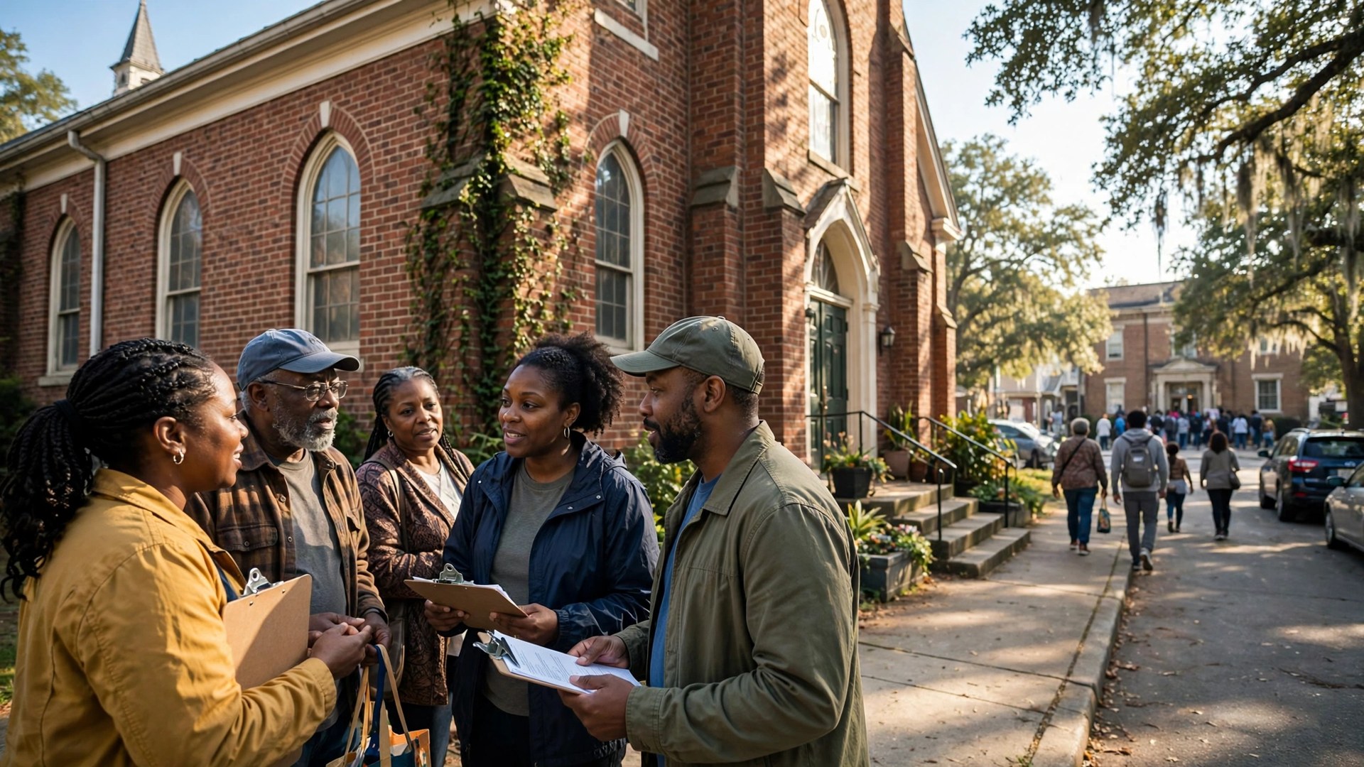 Community organizers speaking with neighbors outside a Black church in Atlanta