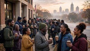 Black voters waiting in line outside a Georgia polling place at sunrise