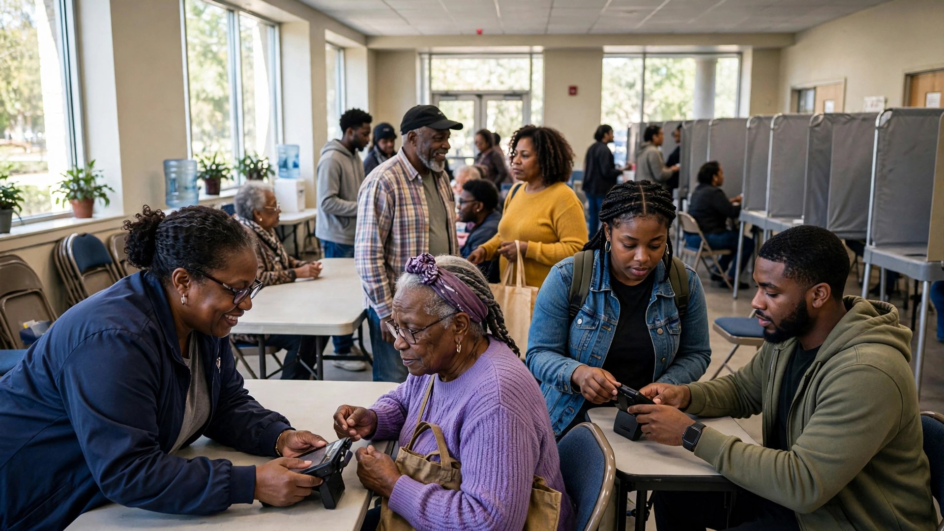 Poll workers helping voters inside a bright Georgia early voting center
