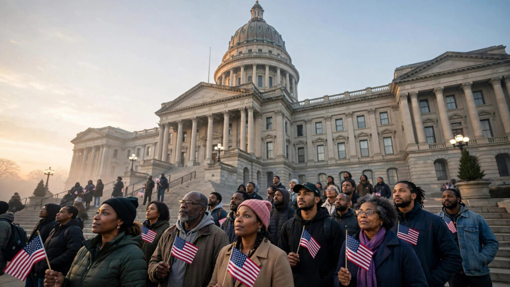 African American voters gather with American flags on the steps of a state capitol building at dawn