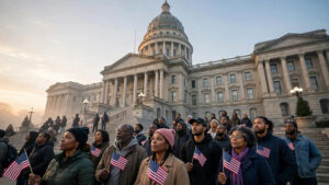 African American voters gather with American flags on the steps of a state capitol building at dawn