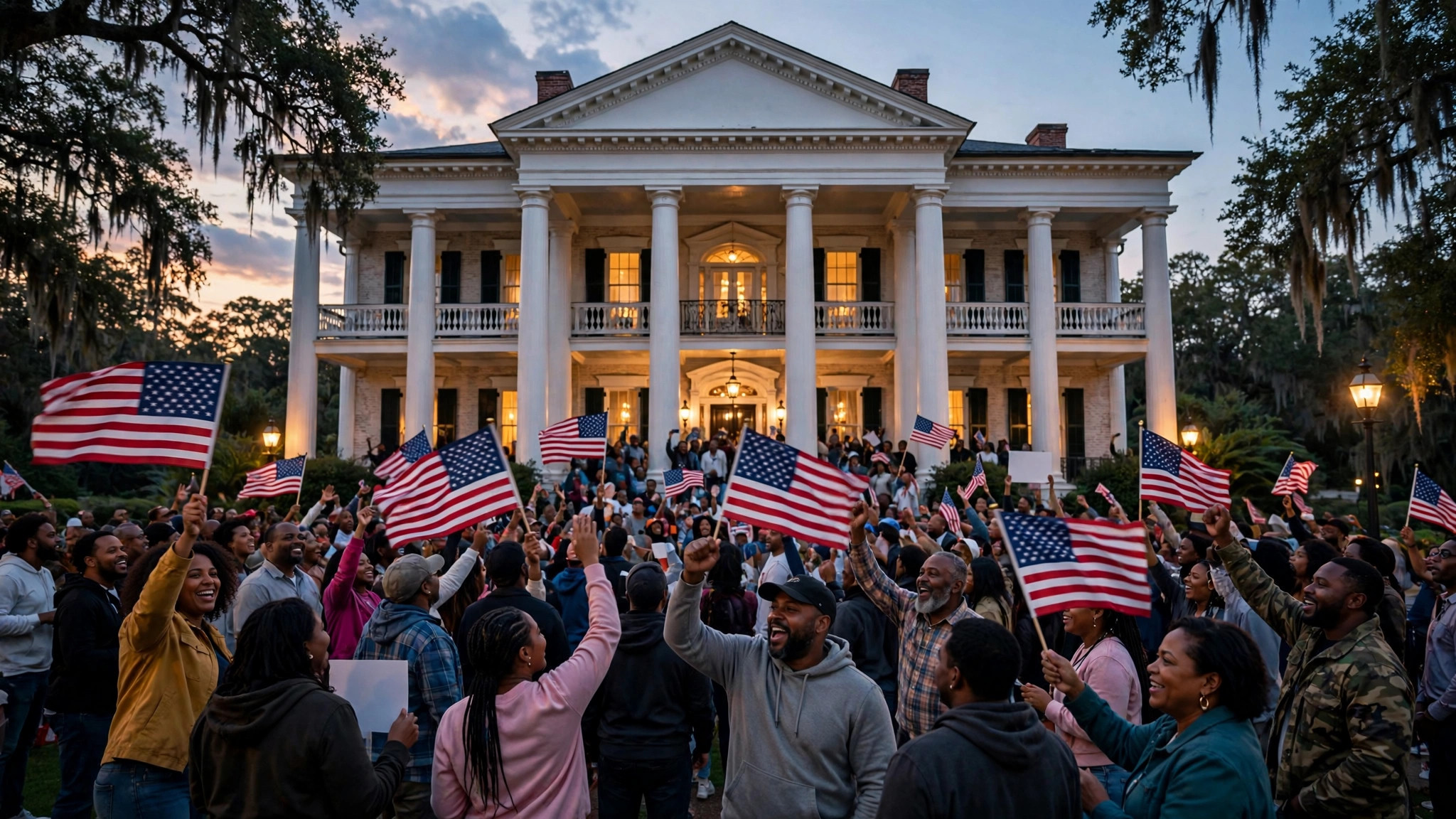 African American supporters cheer at a dusk rally outside a Southern governor mansion with white columns