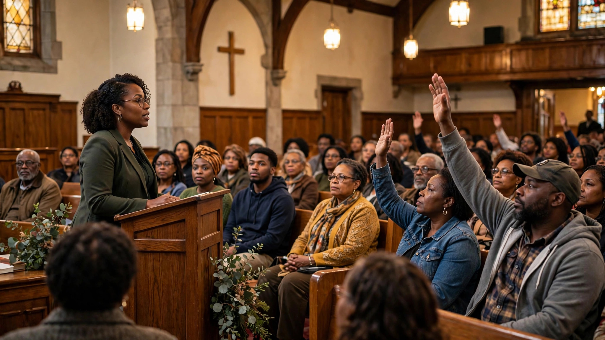 Black community members attend a town hall meeting led by a Black woman speaker in a church auditorium