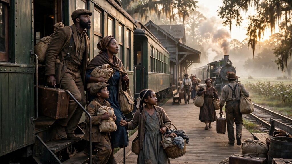 Illustration of a Black family boarding a train at a Southern station in the 1910s, beginning the Great Migration