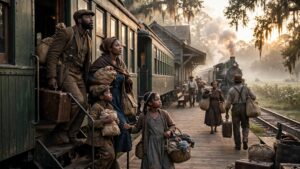 Illustration of a Black family boarding a train at a Southern station in the 1910s, beginning the Great Migration