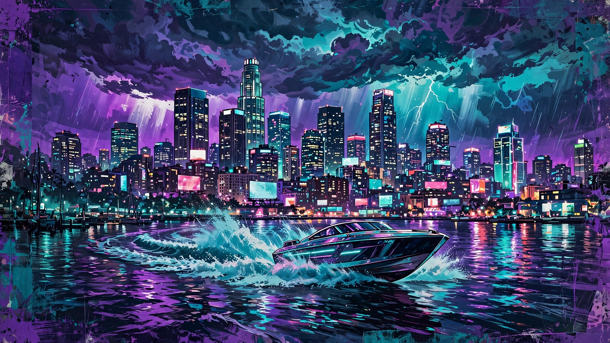 Leonida skyline at night with a speedboat racing across neon lit water