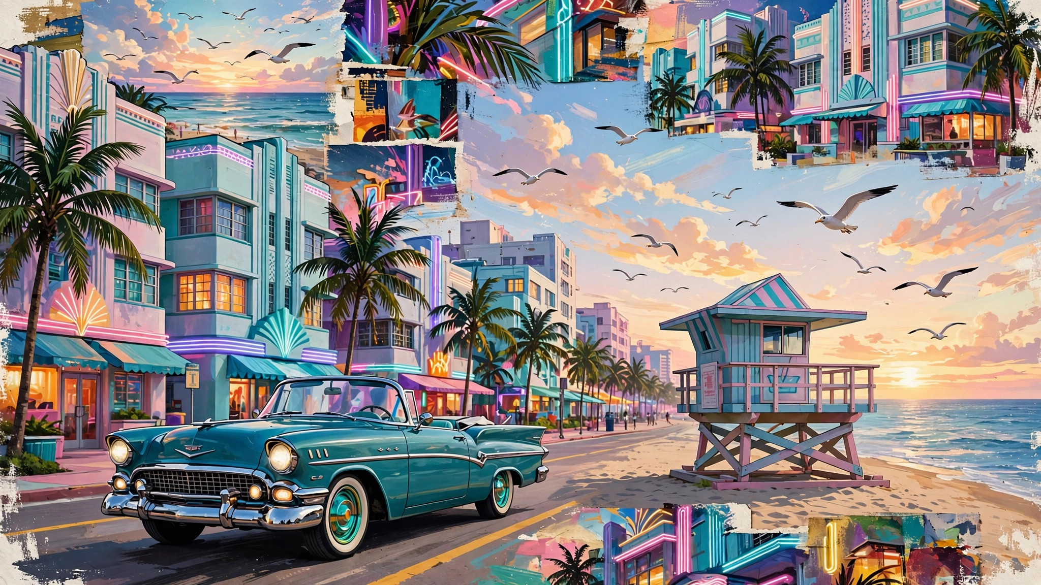 Art deco Ocean Drive beachfront with a vintage convertible and lifeguard tower at sunset