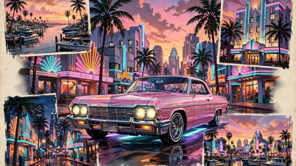Neon soaked Vice City street with palm trees and a classic lowrider car at dusk