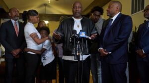 Members of the Hinton family speak with reporters in Cincinnati in 2025