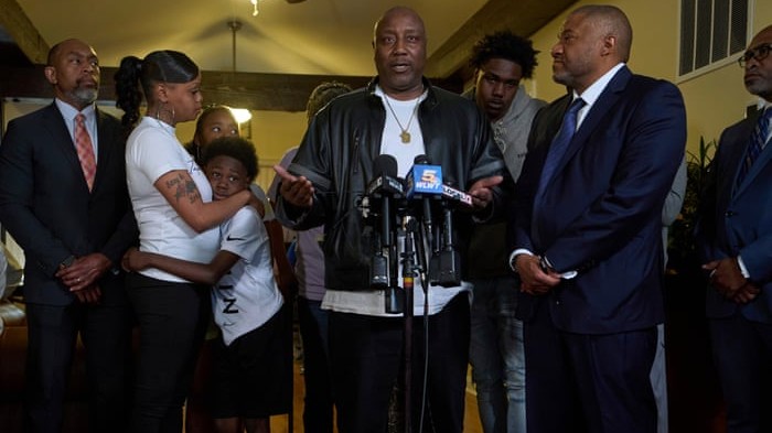 Members of the Hinton family speak with reporters in Cincinnati in 2025