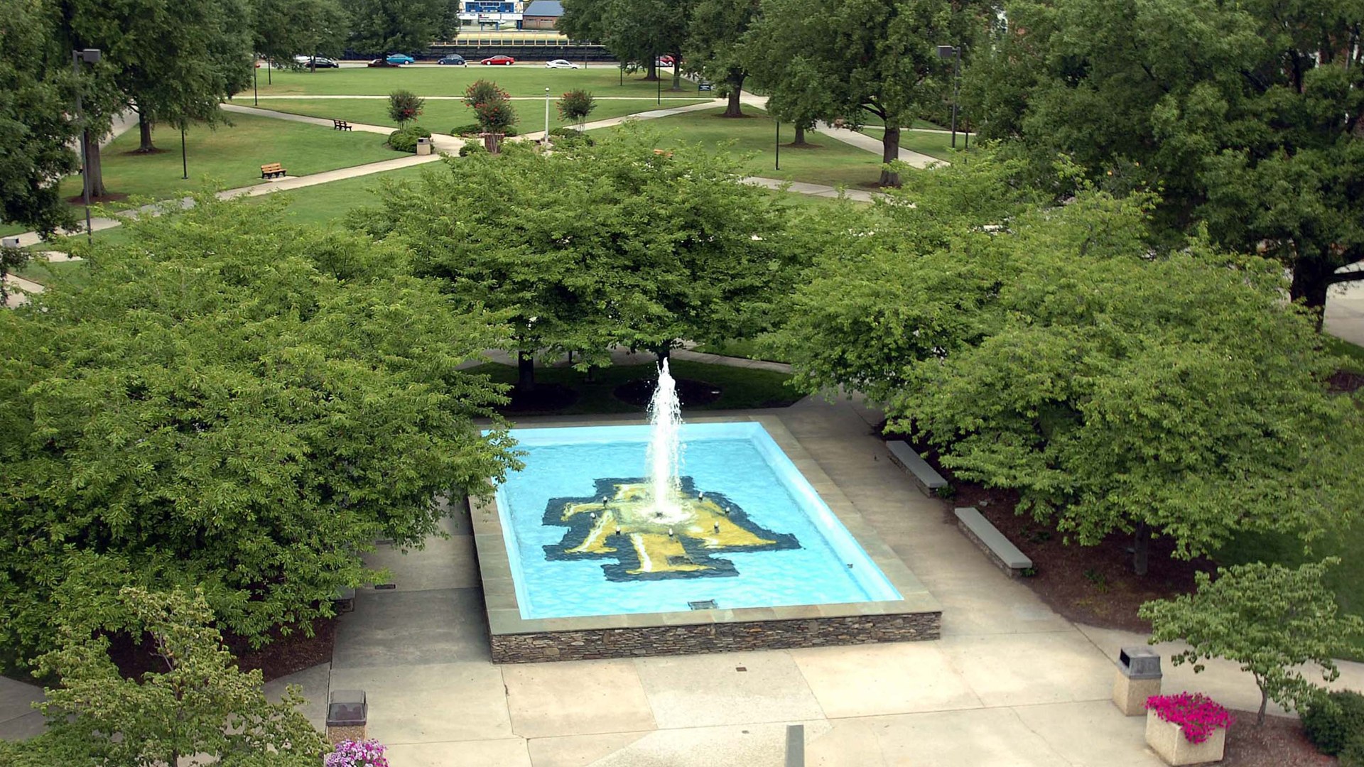 The Aggie fountain and campus green at North Carolina A and T State University