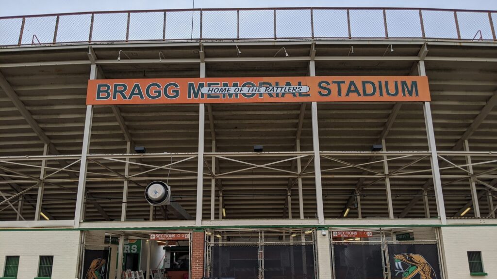 Bragg Memorial Stadium entrance sign at Florida A and M University in Tallahassee
