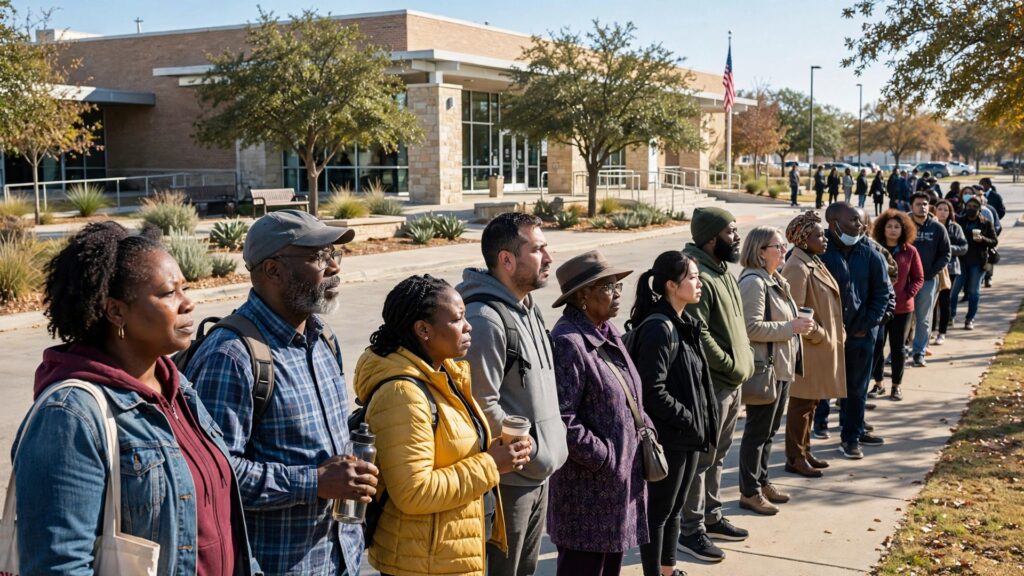 Voters waiting in a long line outside a Texas early voting center