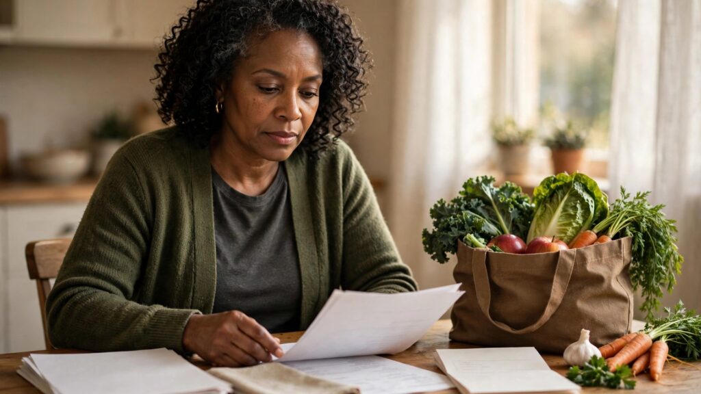 A Black woman reviewing household bills and a grocery list at her kitchen table
