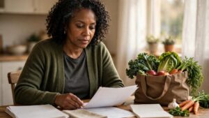 A Black woman reviewing household bills and a grocery list at her kitchen table