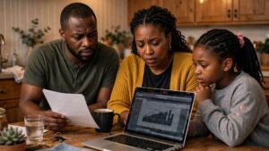 Black family reviewing household bills and a laptop at a kitchen table