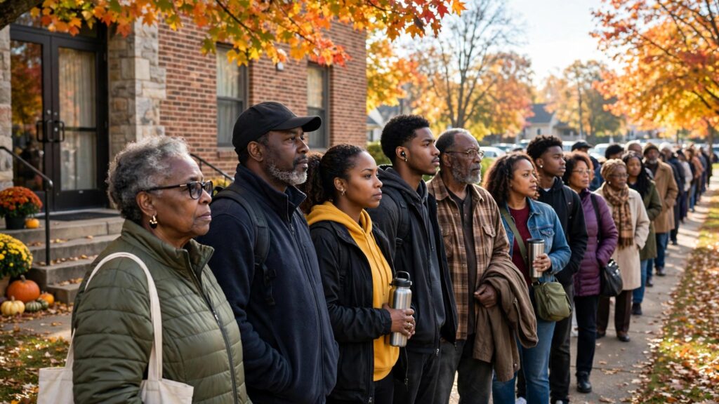 Black voters wait in a long early voting line outside a polling place on a fall morning
