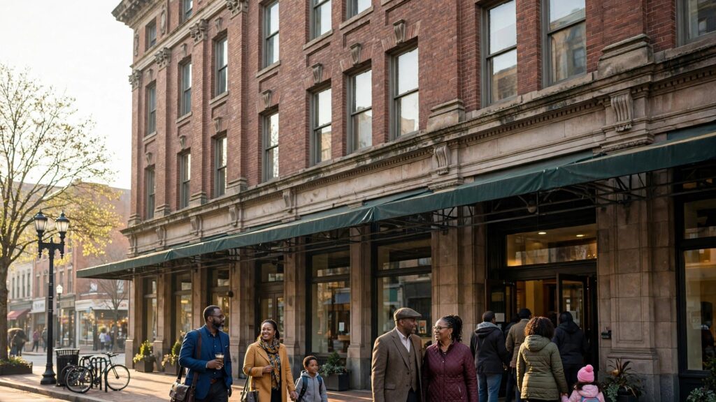 Historic bank building in downtown Durham with Black business owners arriving in morning light