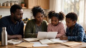 Black family reviewing household bills and budget at kitchen table in morning light