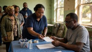 Black voters receiving a paper ballot from a poll worker at a polling place