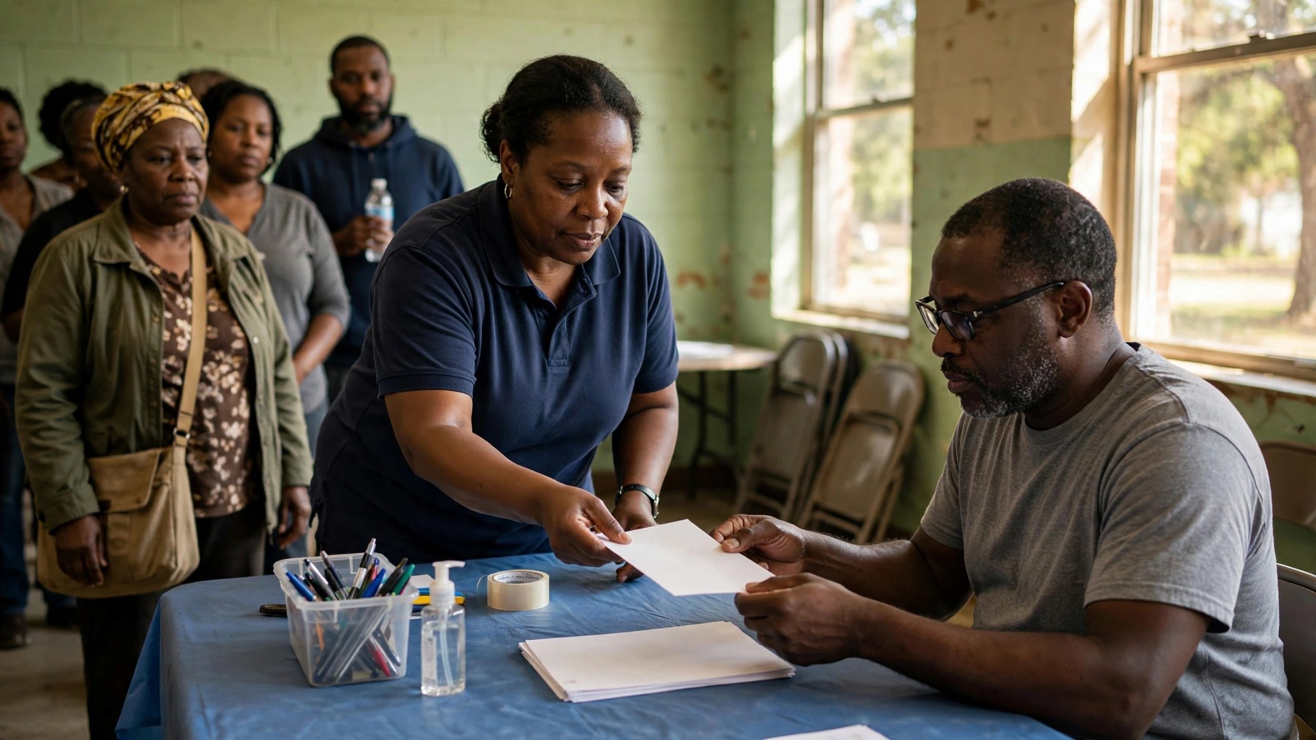 Black voters receiving a paper ballot from a poll worker at a polling place