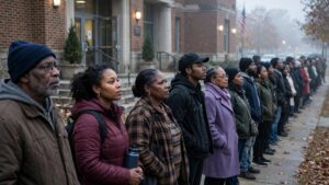 Black voters standing in line outside a Georgia polling place in the morning