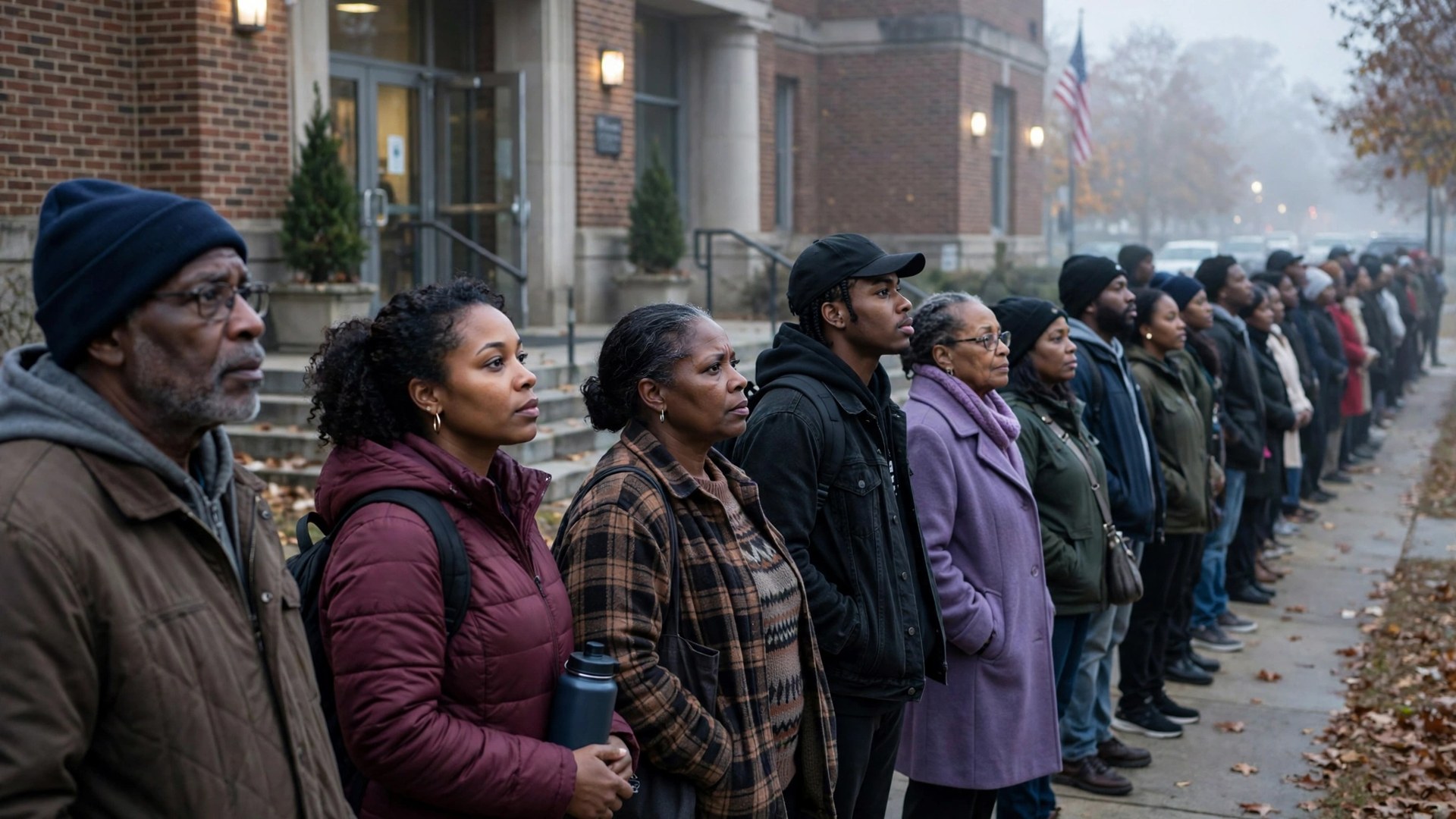 Black voters standing in line outside a Georgia polling place in the morning